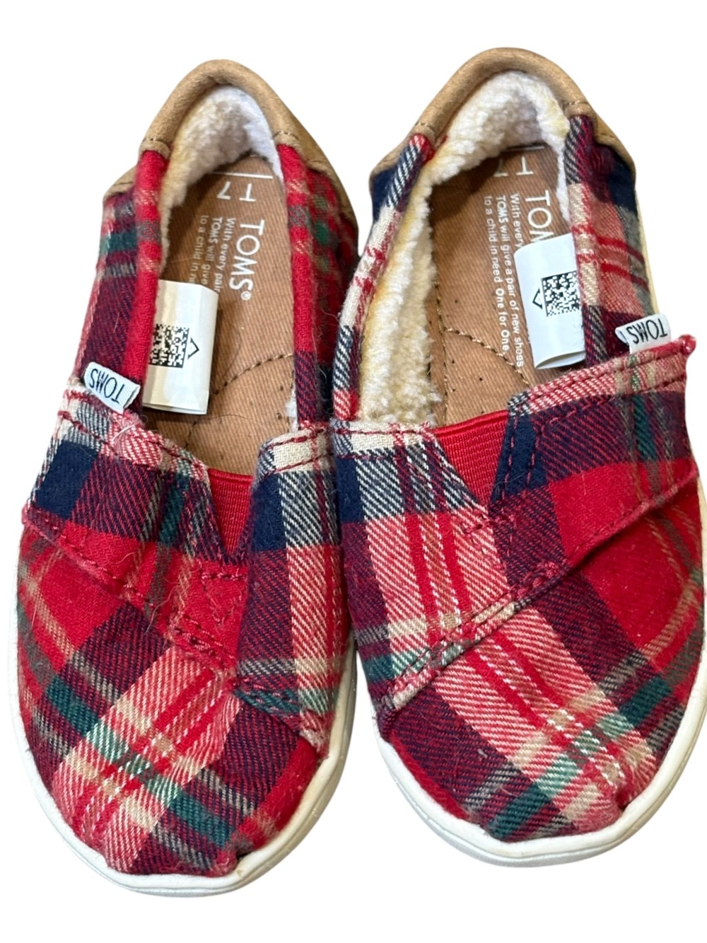 TOMS Toddler Size T7 Red Plaid Faux Shearling Lined Slip On Shoes